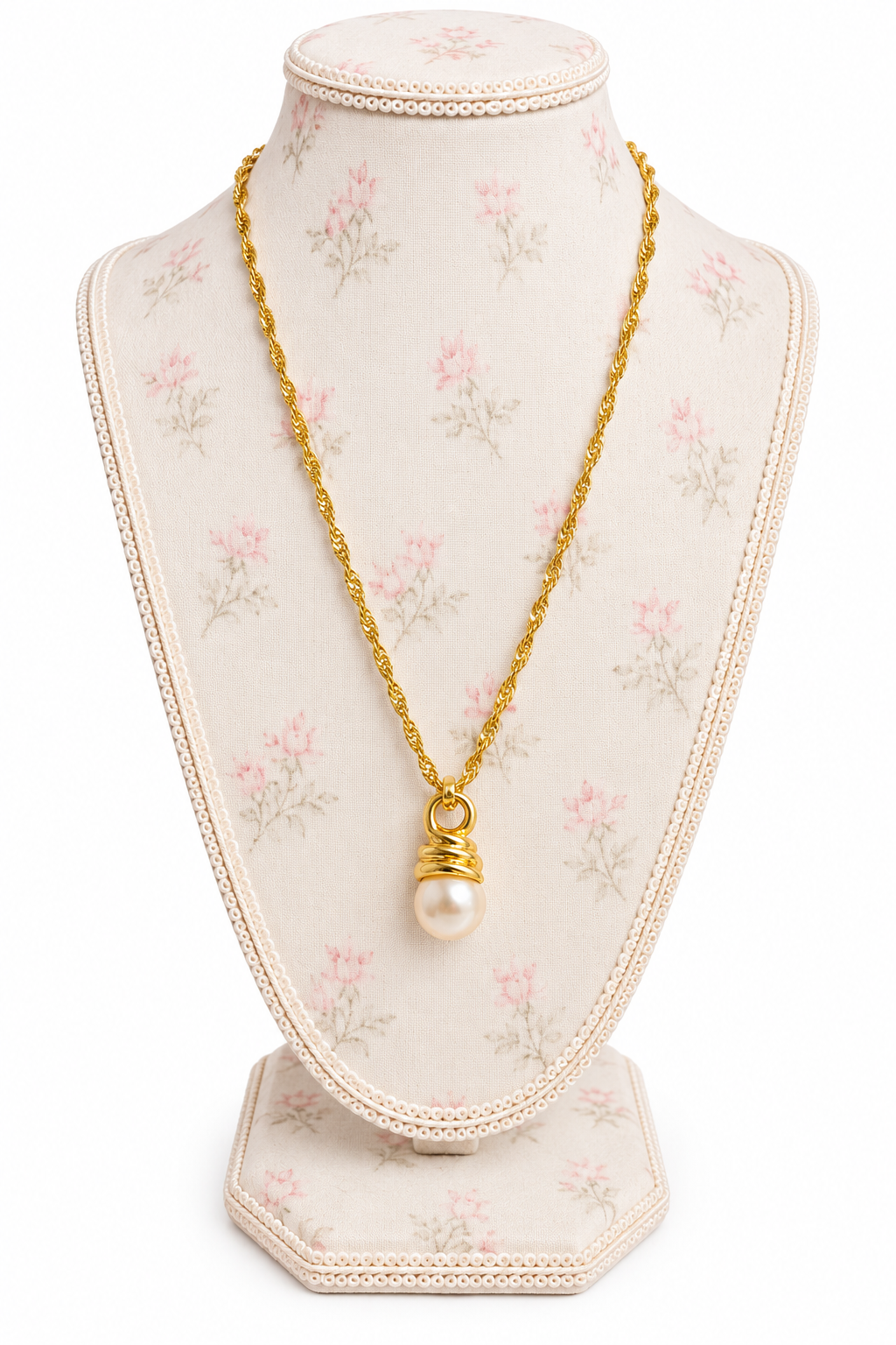 Vintage 1980s Gold-Tone Twist Chain Faux Pearl Drop Statement Pendant Necklace