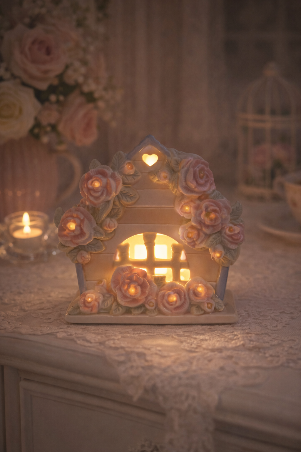 La Petite Maison | Vintage Floral Cottage Night Light, Shabby Chic Porcelain House Lamp