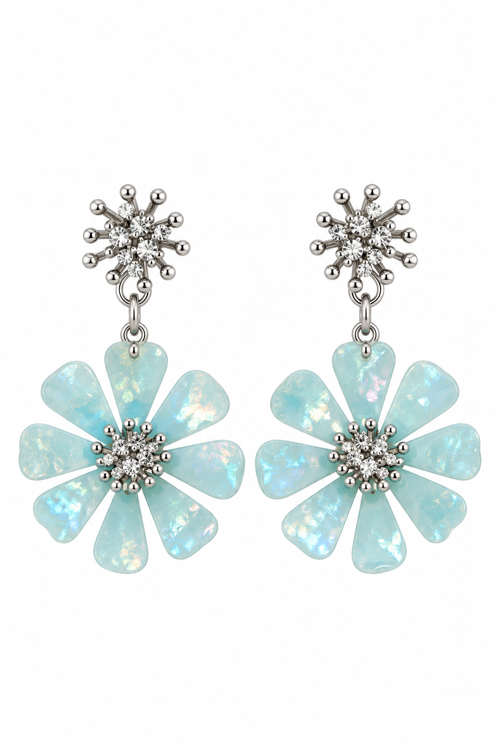 Pastel Blue Iridescent Floral Dangle Earrings | Silver-Tone Rhinestone Flower Studs