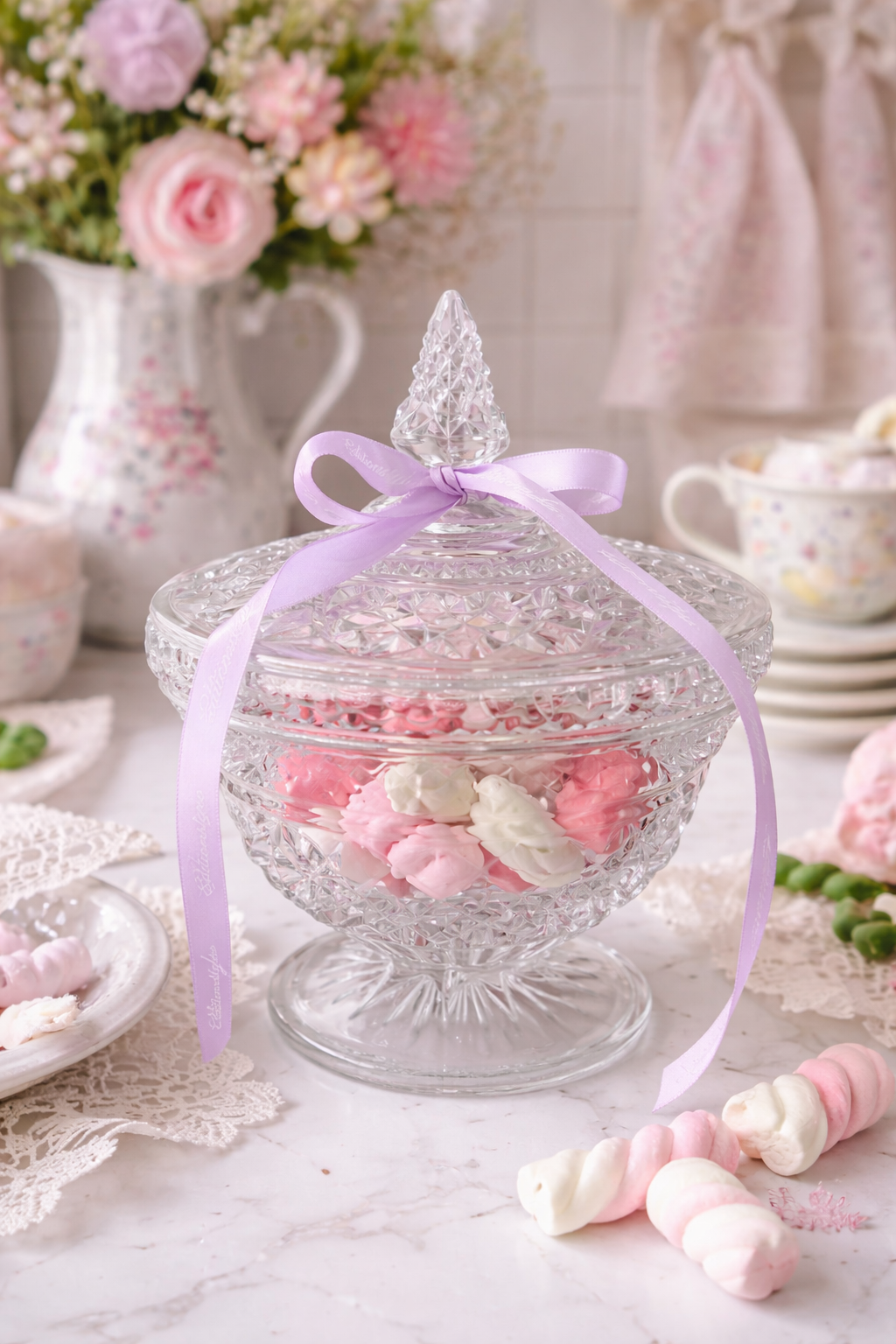 “Sugar Plum Parlor” Vintage Cut Glass Candy Dish | Pedestal Candy Jar with Lid