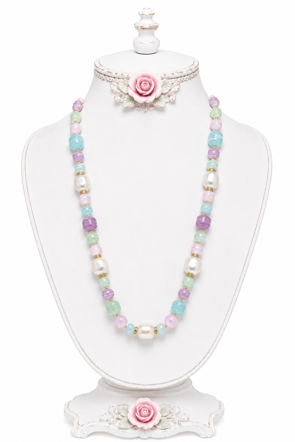 Vintage Pastel Beaded Necklace | Faux Pearl & Candy Color Statement Necklace | 28.5” Long