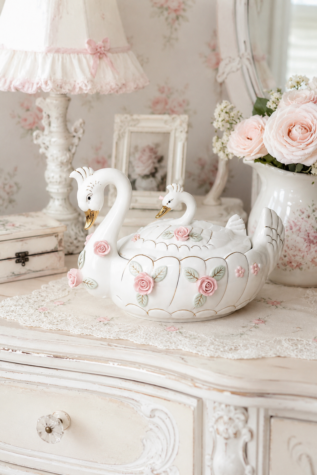 Vintage Large Porcelain Swan Trinket Dish with Lid – Pink Roses & Gold Accents