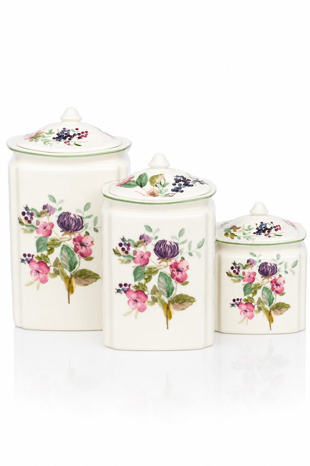 Vintage Charter Club Home Wildflower Canister Set | Set of 3 Ceramic Kitchen Canisters | 1999 Floral Cottage Decor