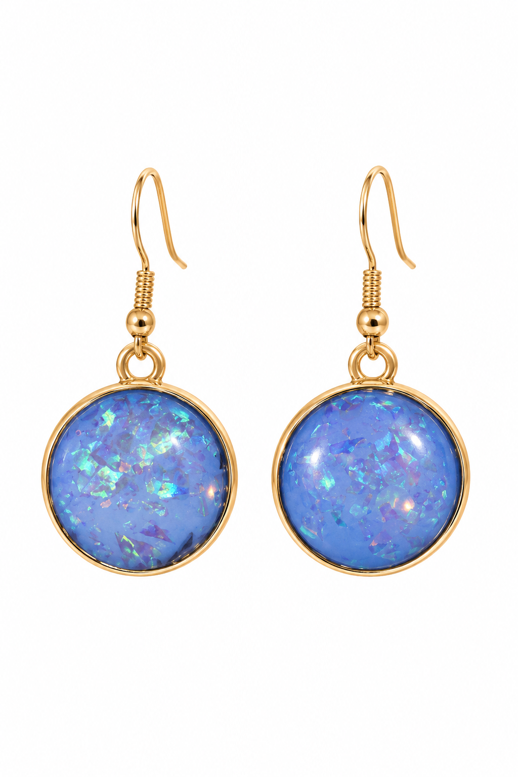 Vintage-Inspired Iridescent Blue Opal Gold-Tone Dangle Earrings | Round Statement Jewelry