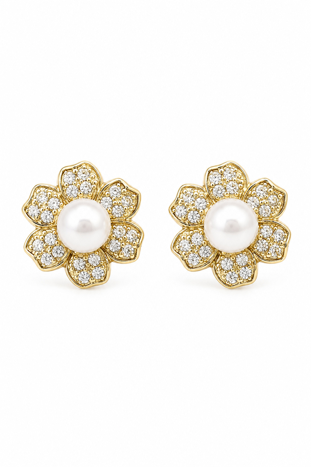 Vintage 1980s Gold Tone Floral Pearl Stud Earrings | Rhinestone Flower Earrings | Romantic Cottagecore Jewelry | Faux Pearl Statement Studs