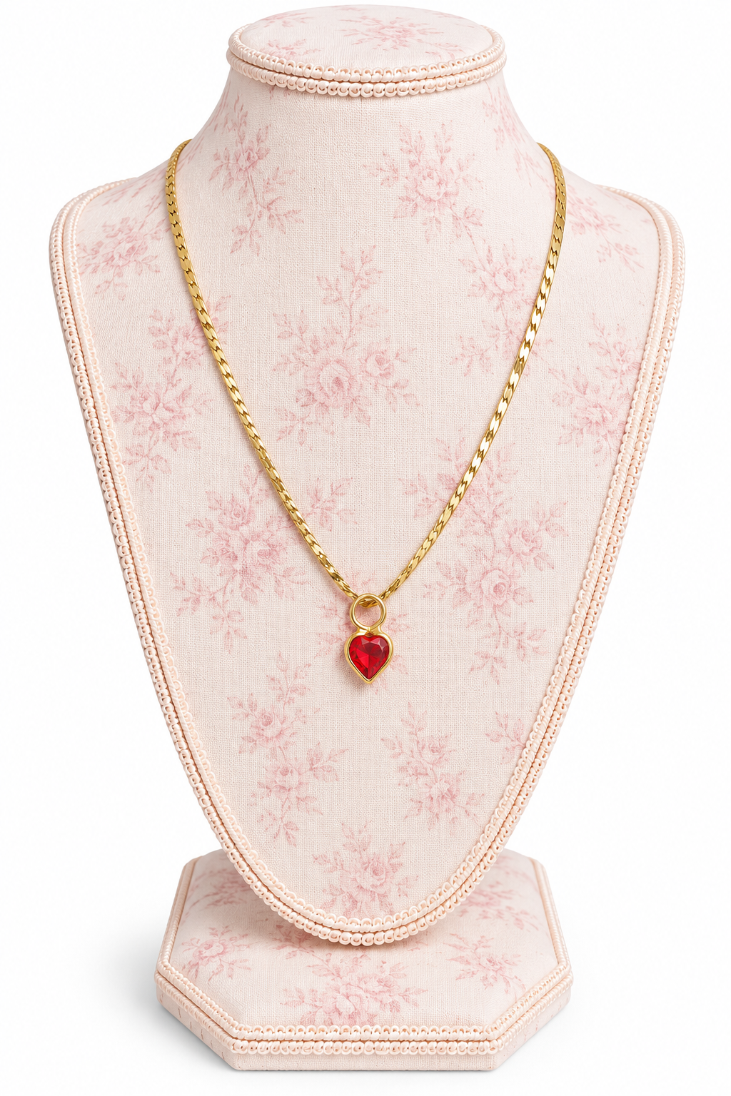 Vintage 1970s–1980s Gold-Tone Red Heart Pendant Flat Curb Chain Necklace