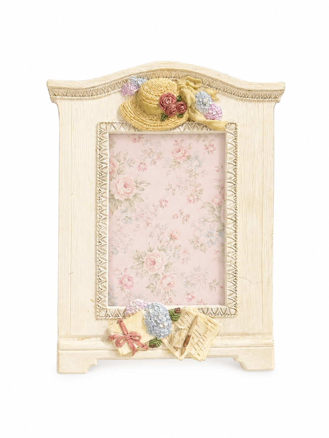 Vintage 1990s Figi “A Place to Dream” Cottagecore Picture Frame – Straw Hat Floral 3D Photo Frame