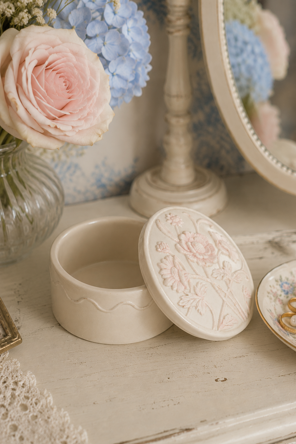 Vintage Fine Porcelain Floral Trinket Box with Lid | Pink Embossed Jewelry Box | Vanity Keepsake