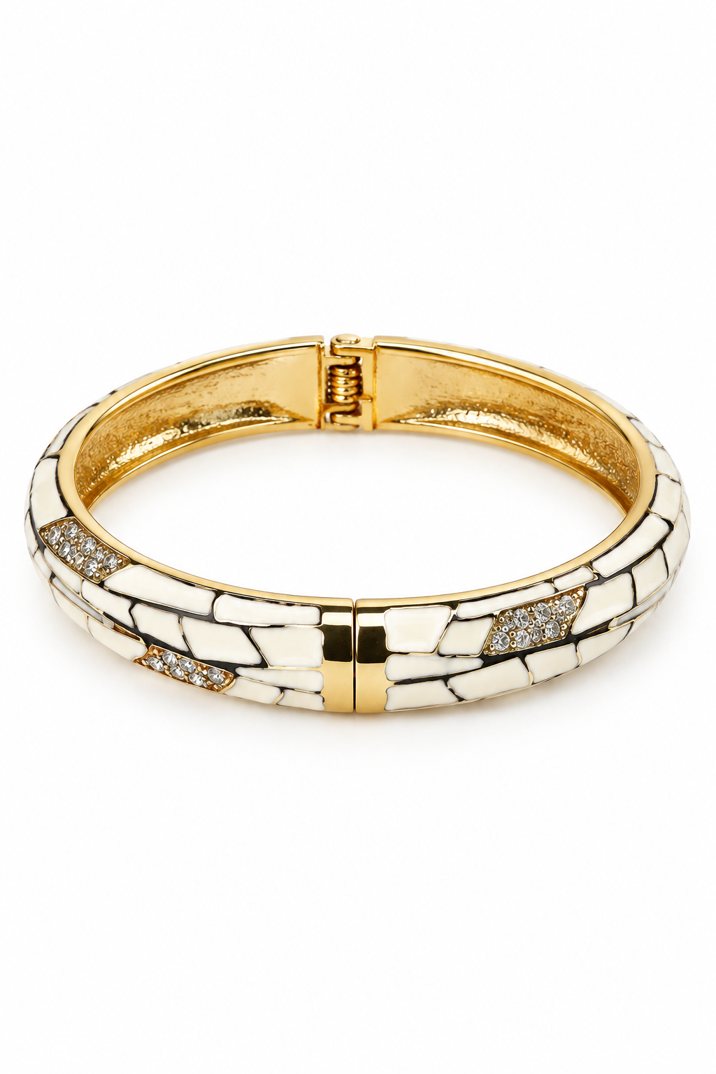 Vintage 1990s Cream Enamel Rhinestone Gold-Tone Hinged Bangle Bracelet