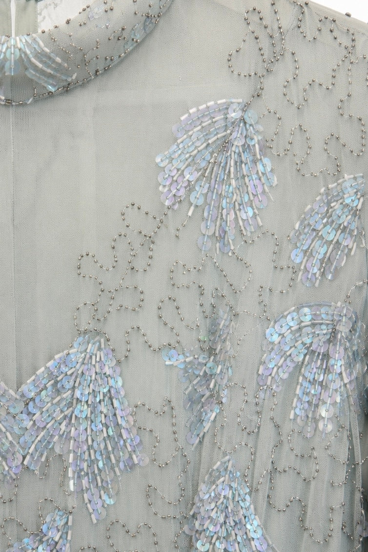 Vintage 100% Silk Hand-Beaded Evening Gown | Seafoam Green Sequin Formal Dress | Size 10