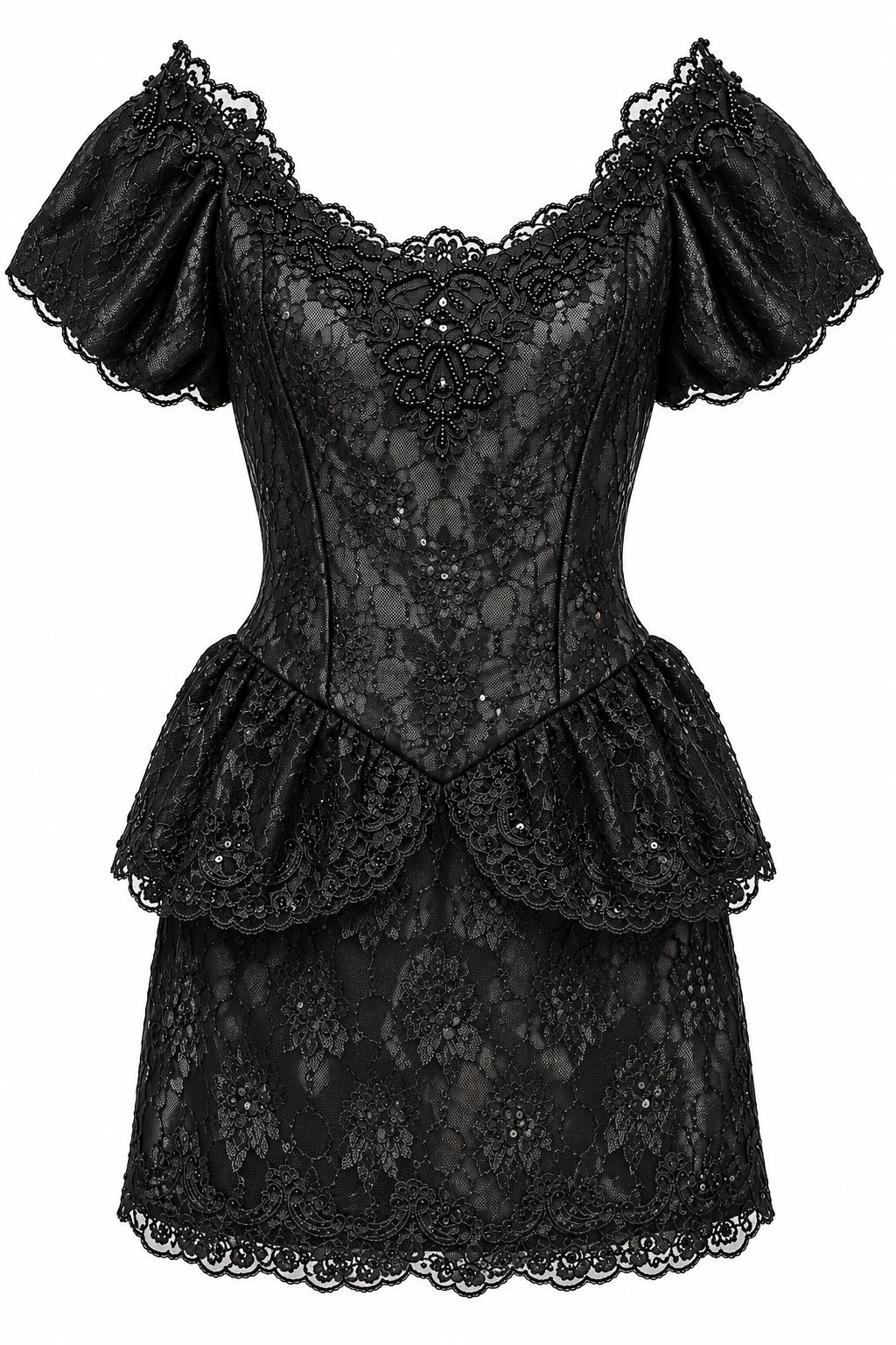 Vintage 1980s Escapades Black Lace Beaded Puff Sleeve Mini Dress – Size 8