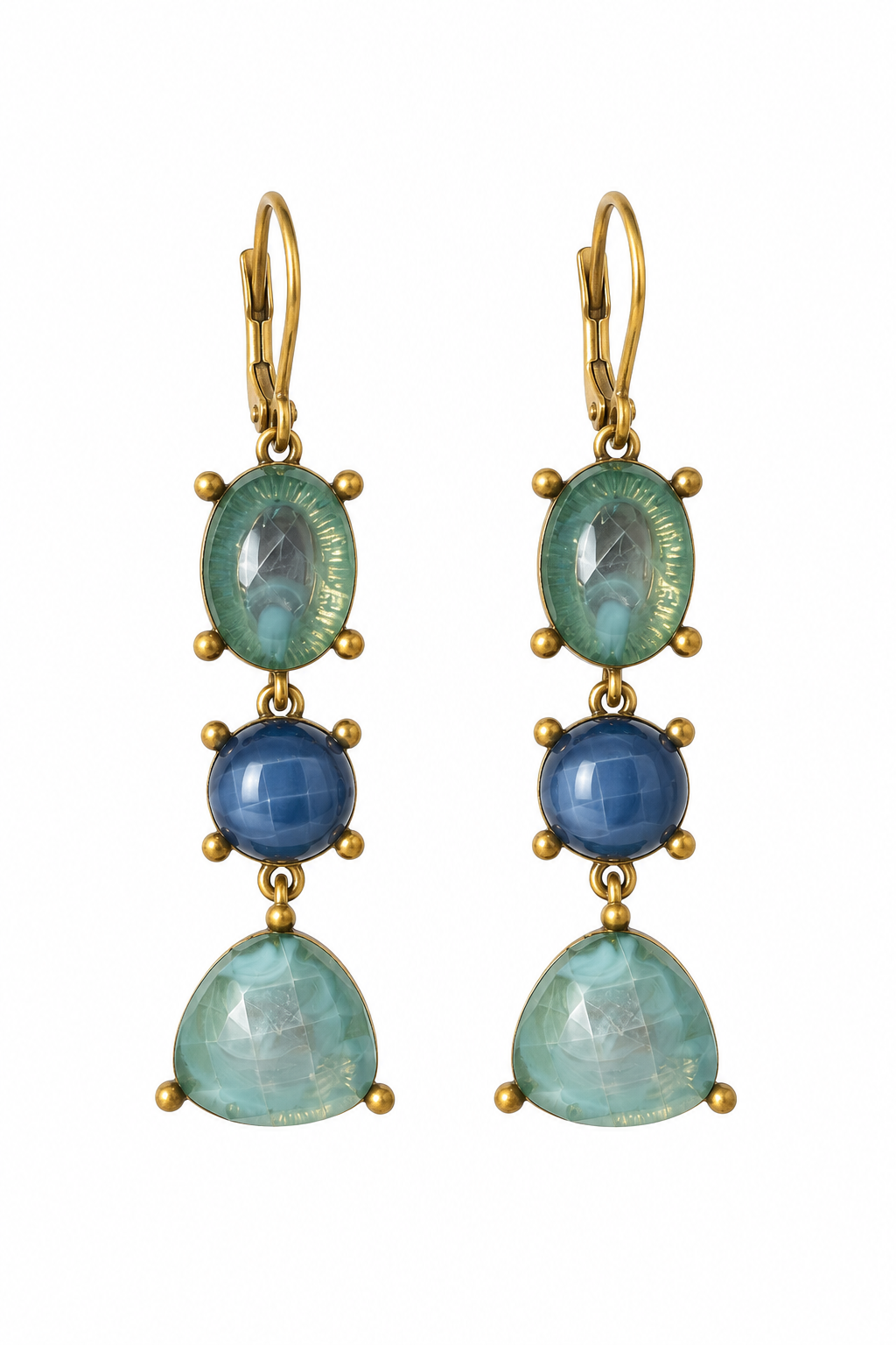 Vintage-Inspired Blue & Aqua Faceted Stone Gold-Tone Drop Earrings