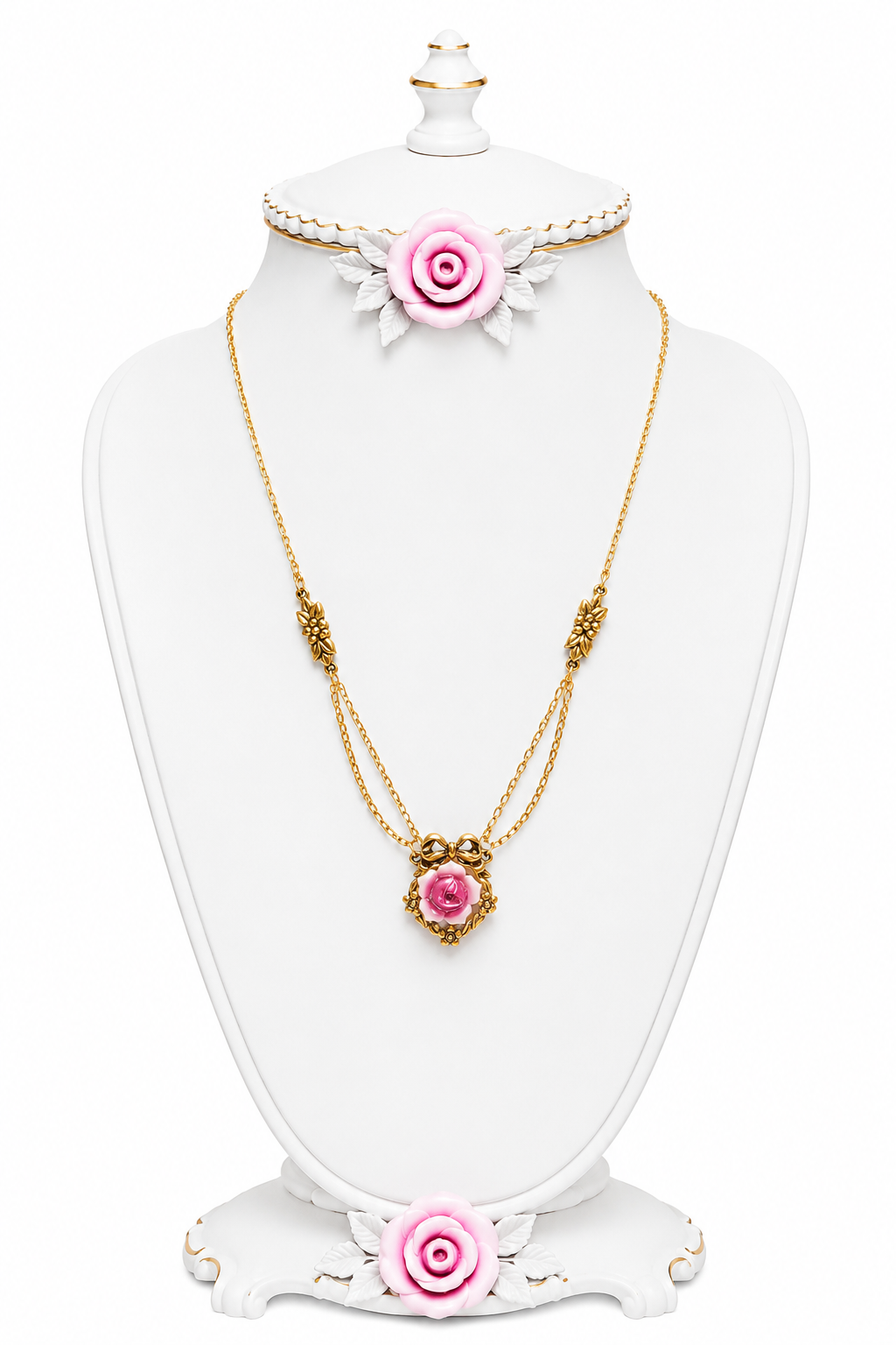 Vintage 1992 Avon Porcelain Rose Garden Necklace | Pink Rose & Gold Tone Bow Pendant β 18β