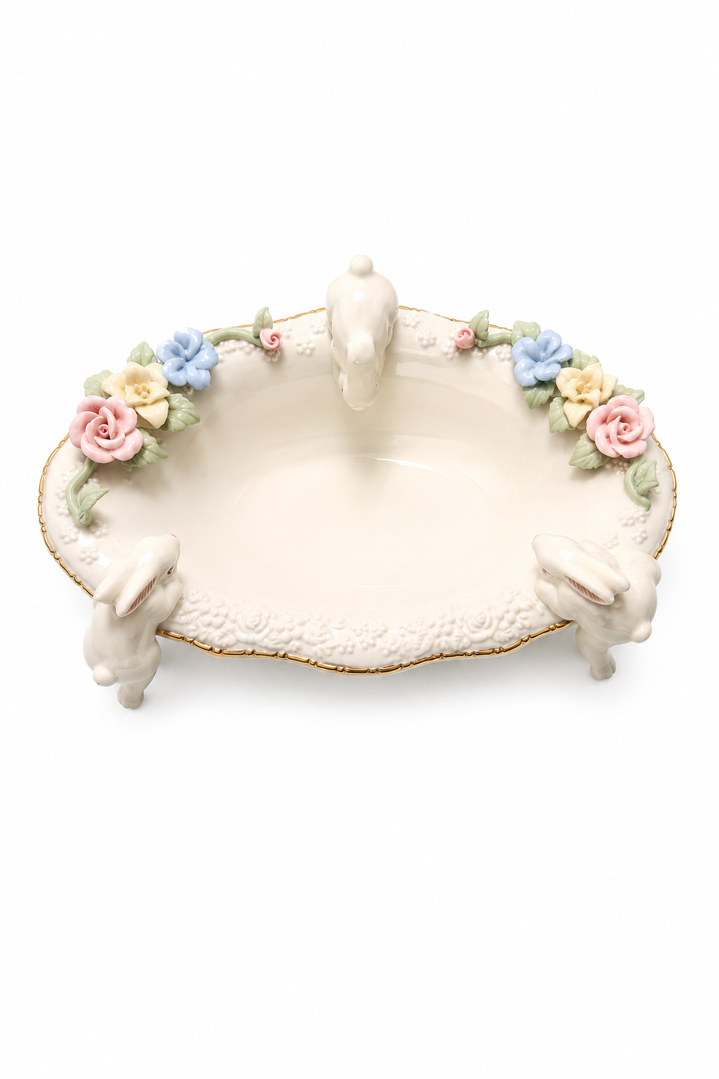 Vintage Rabbit & Rose Ceramic Soap Dish | Cottagecore Bunny Vanity Tray | 1980s–1990s Decor