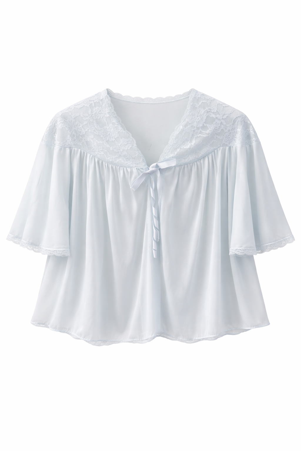 “Sweet Morning Lace” Vintage Vanity Fair Bed Jacket | Soft Blue Chiffon & Lace Peignoir Top