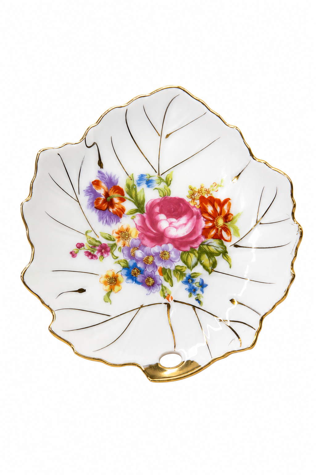 Vintage 1940s–1950s Nasco Japan Porcelain Leaf Shaped Trinket Dish with Floral Bouquet & Gold Trim
