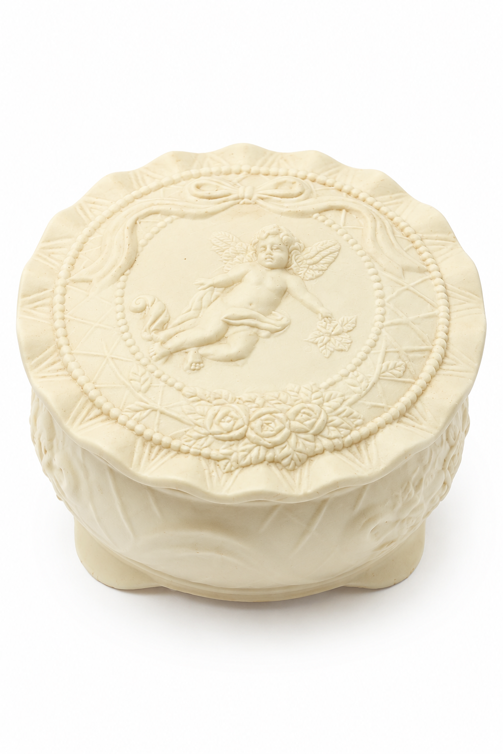 1980s Biscuit Porcelain Cherub Trinket Box | Vintage Cream Footed Keepsake Box | Romantic Vanity Decor