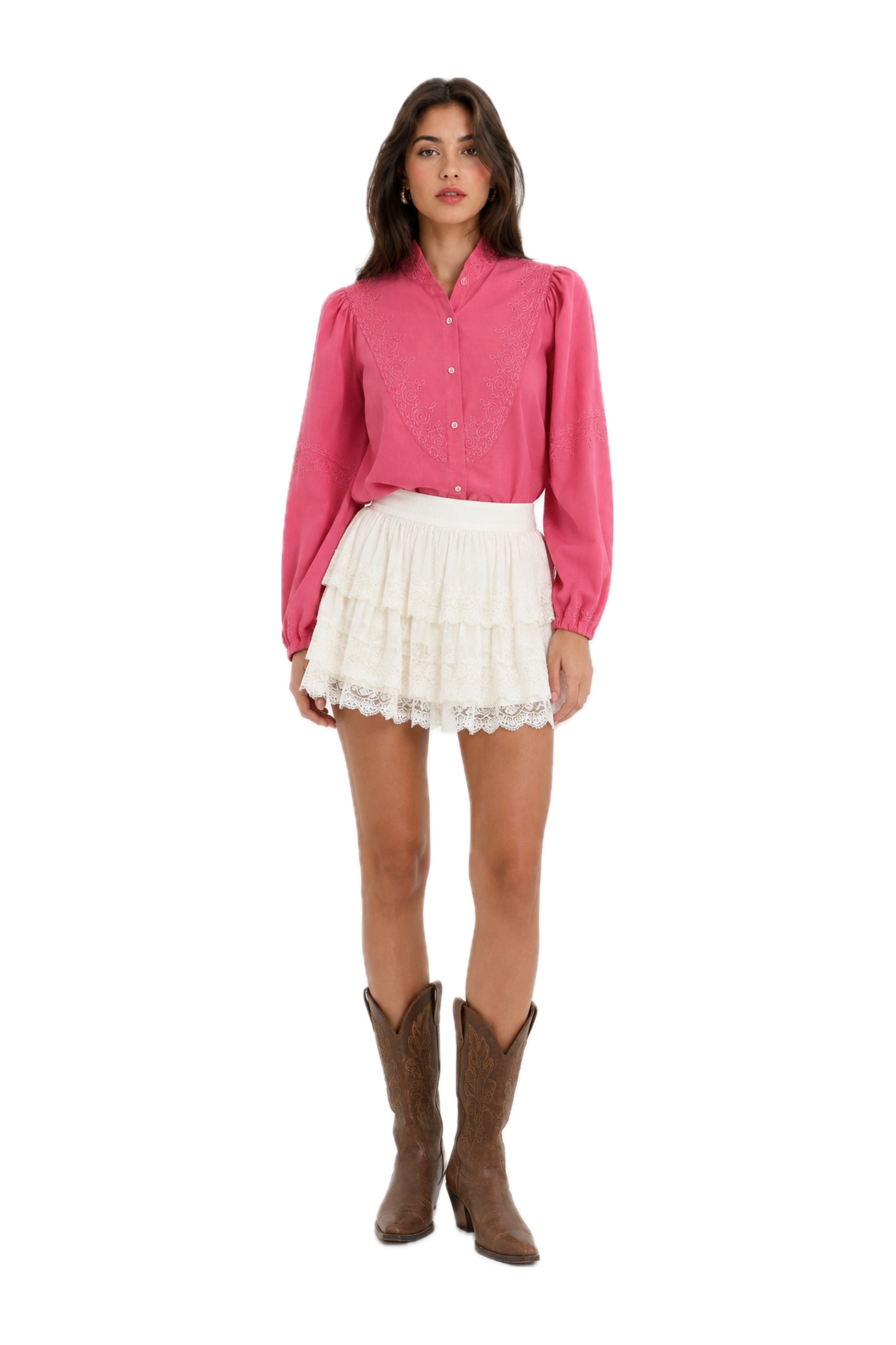 Vintage Caravan Embroidered Western Cowgirl Blouse | Pink Button-Up Shirt | Size Medium