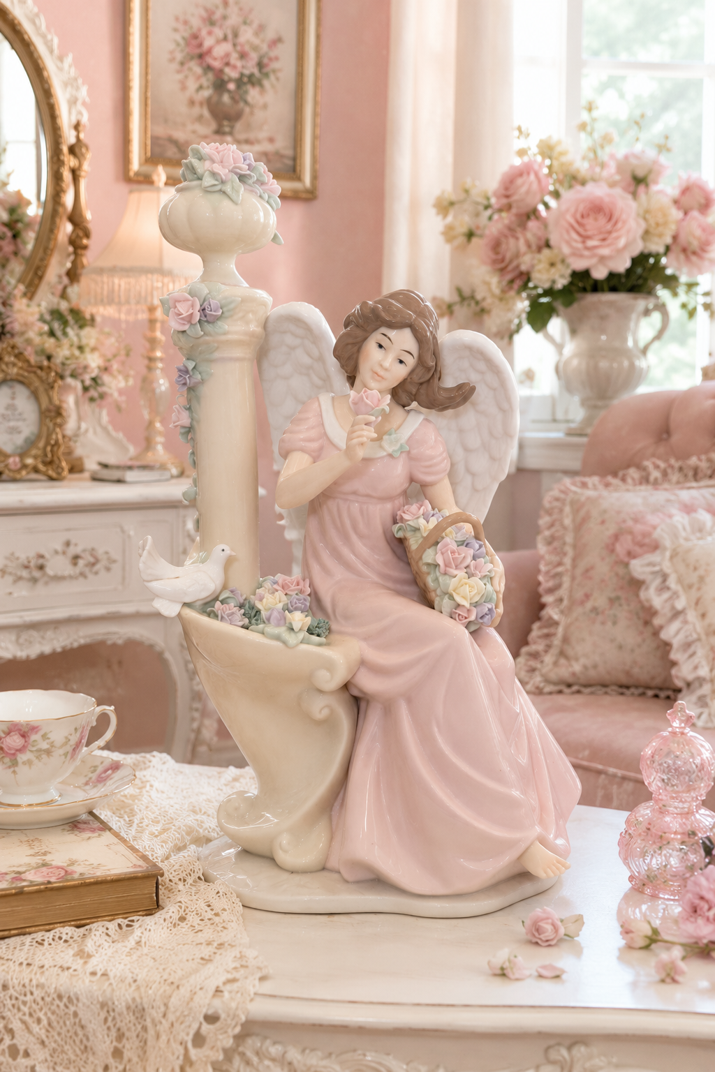 2000s Member’s Mark Angel Figurine with Dove | Porcelain Heavenly Decor, Pastel Floral, 13.5” Vintage Angel Statue