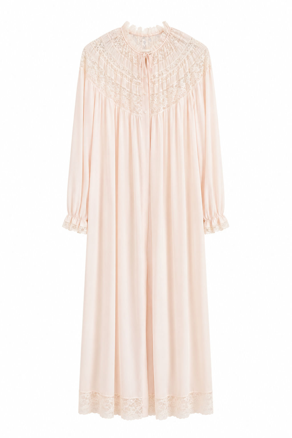 Vintage One Size Blush Pink Nylon Lace Robe | Romantic Sheer Peignoir Lounge Robe