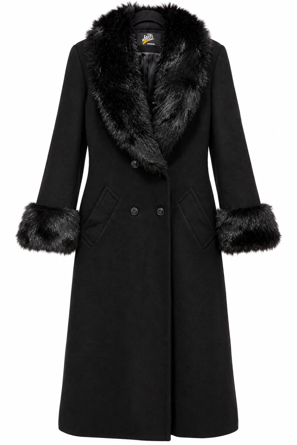 Vintage J&D Black 100% Wool Long Coat with Genuine Fox Fur Collar & Cuffs – Made in USA – Size 14