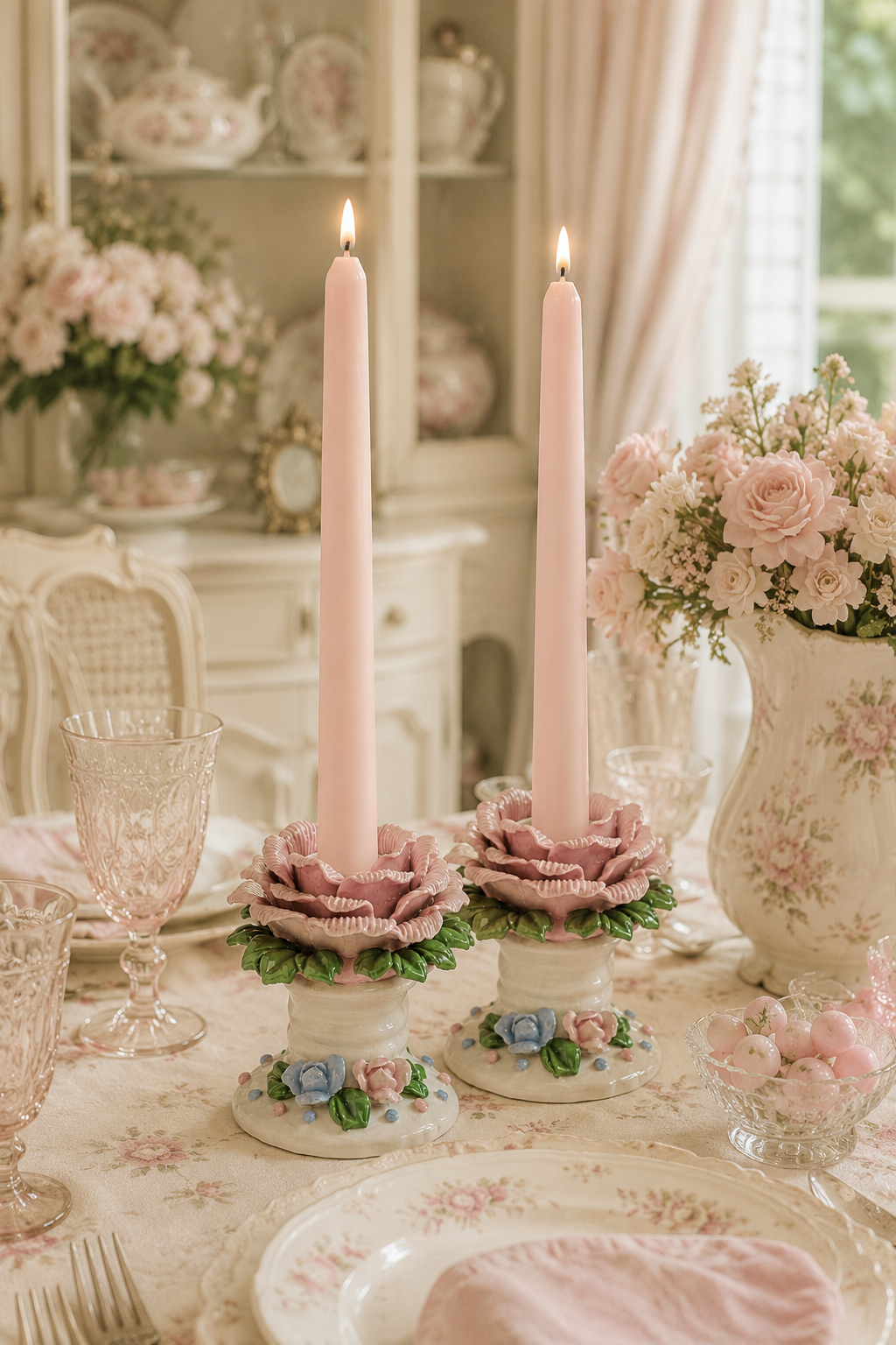Vintage 1970s Porcelain Rose Candle Holders | Set of 2 | Pink Floral Taper Candlesticks | Romantic Cottage Décor