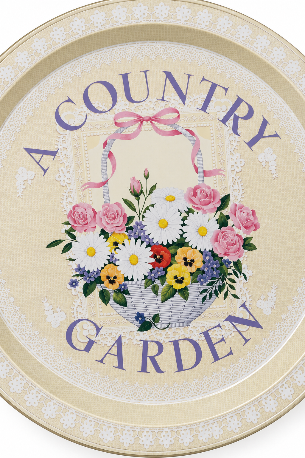 Vintage 1980s “A Country Garden” Floral Metal Tray Cottagecore Decorative Tin Platter