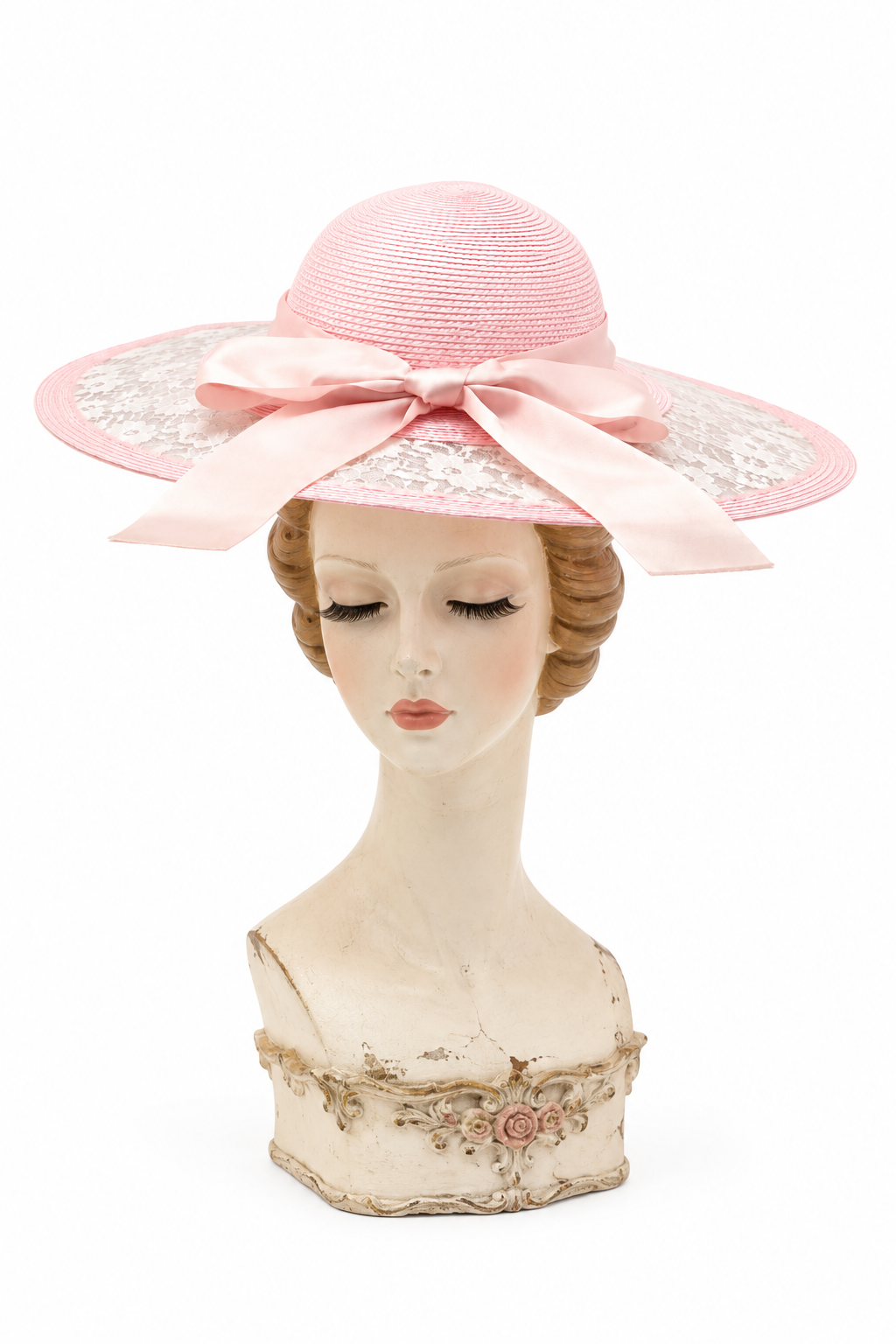 Vintage-Inspired Pink Wide Brim Hat | Lace Sun Hat with Satin Bow | Romantic Cottagecore Tea Party Hat
