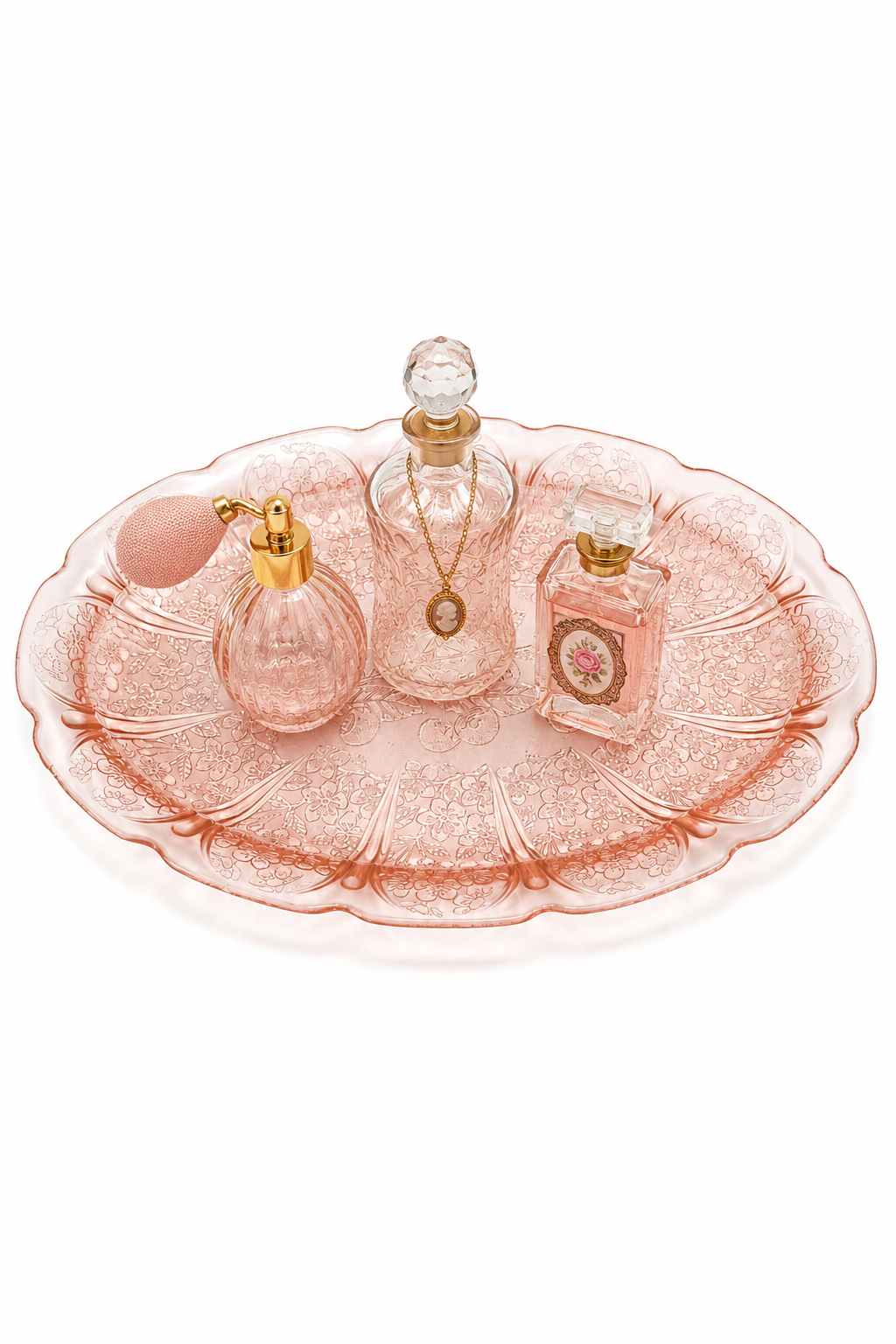 Vintage 1940s Pink Depression Glass Oval Serving Platter – Floral Cherry Vanity & Perfume Tray | 11” × 8”