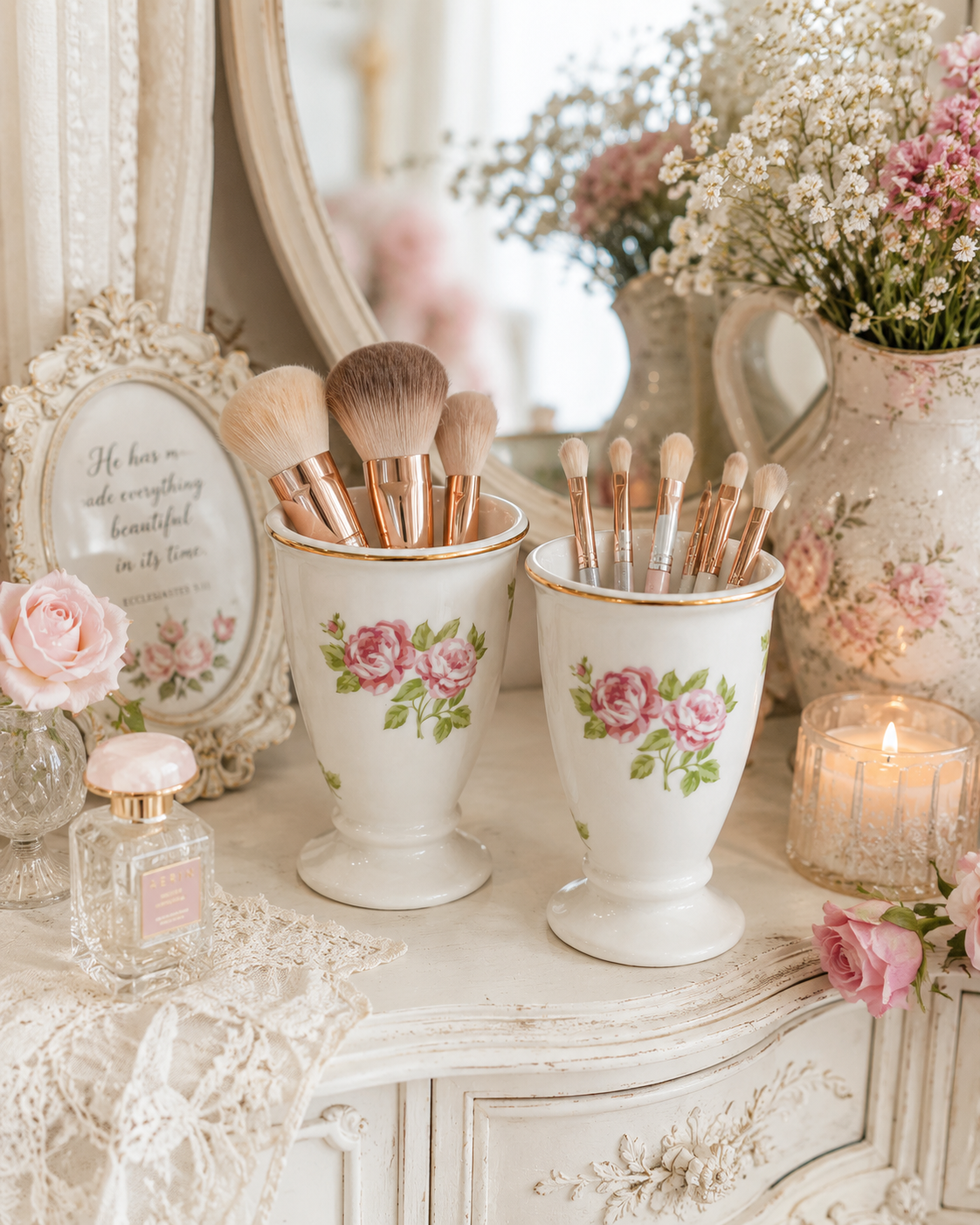 Vintage 1990s Martha Stewart Rose Vanity Cup | Shabby Chic Bathroom Organizer | Sold Individually