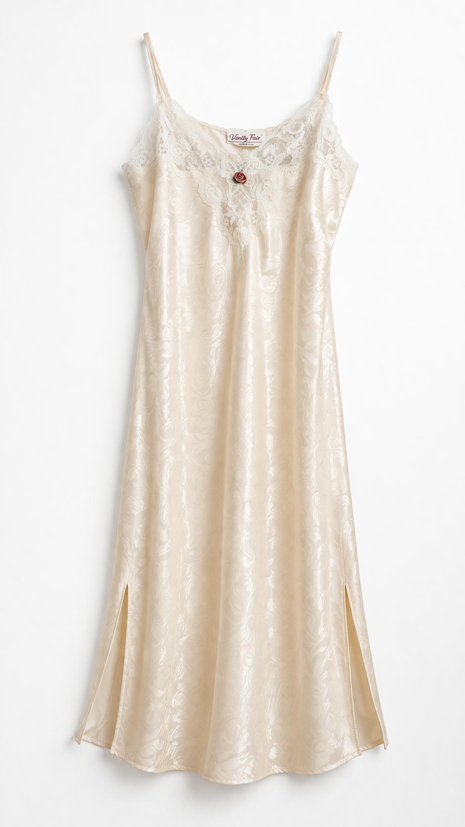 Ivory Rose Vintage Nightgown | Lace Trim Satin Slip (M/L)