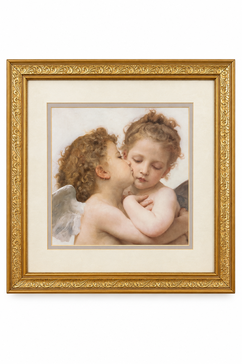 Vintage 1980s–1990s William-Adolphe Bouguereau “The First Kiss” Cherub Art Print in Ornate Gold-Tone Frame