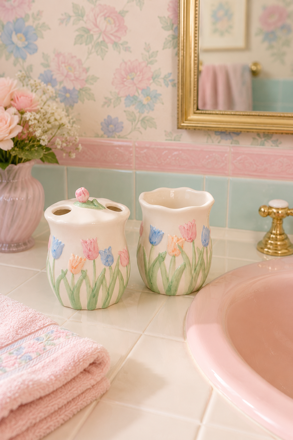 Vintage Hand-Painted Takahashi San Francisco Porcelain Tulip Bathroom Set | Toothbrush Holder & Vanity Cup | New Old Stock