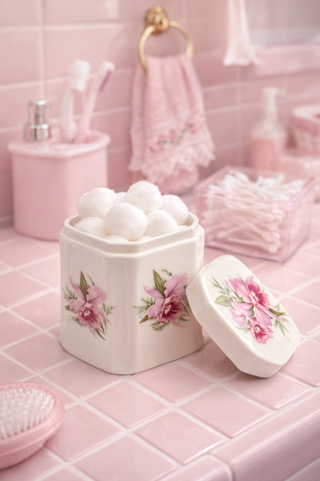 Vintage Pink Floral Porcelain Trinket Jar | Cottagecore Vanity Storage Canister