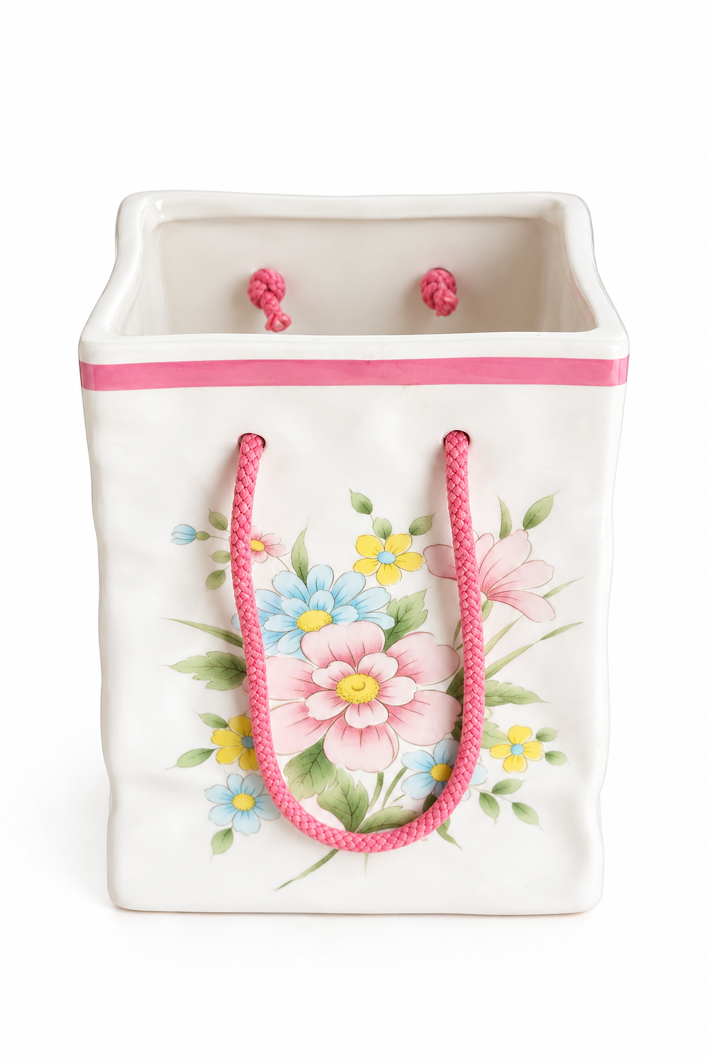 Vintage 1986 FTDA Japan Ceramic Floral Gift Bag Vase | Pink & Blue Flowers