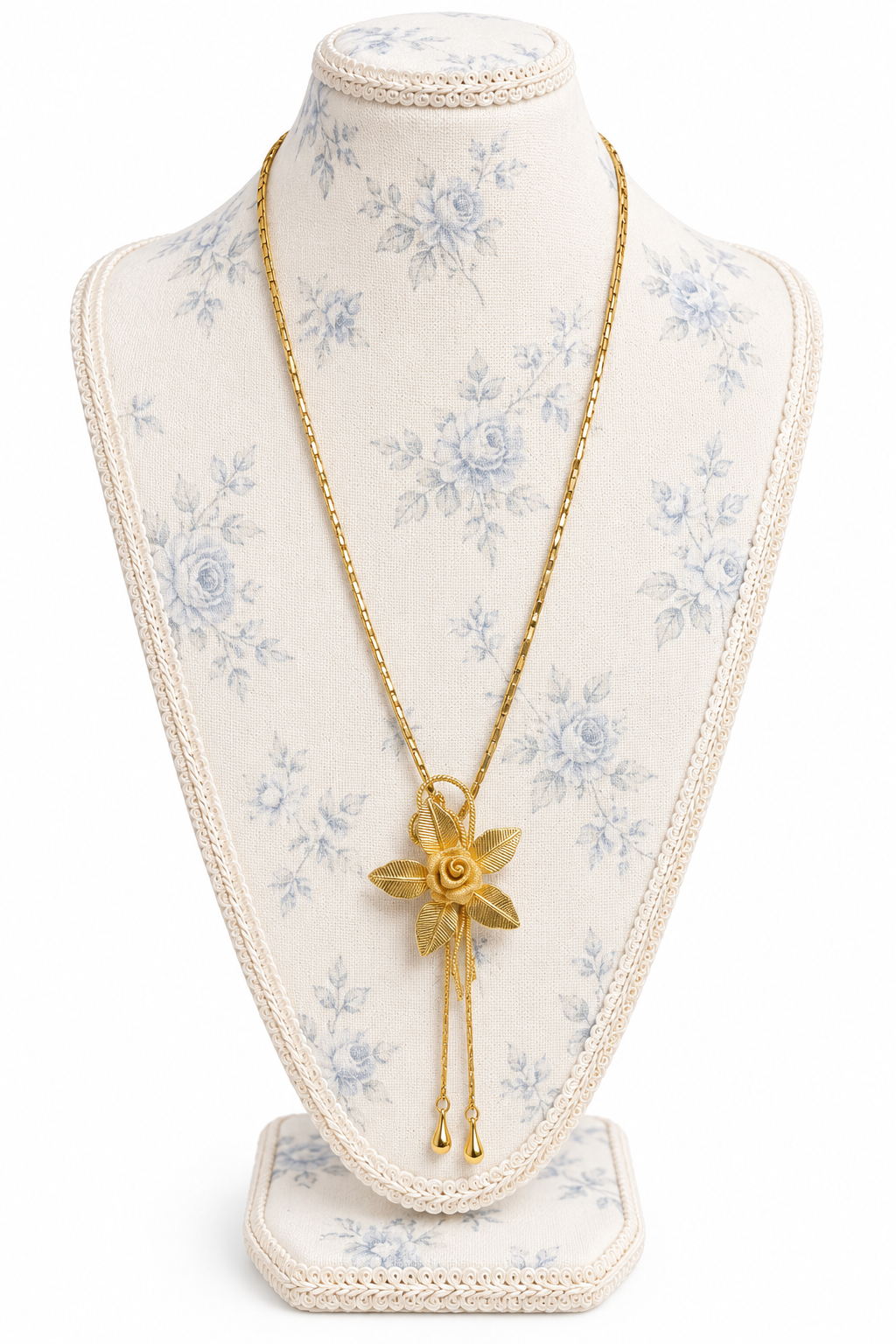 Vintage 1960s–70s Gold-Tone Mesh Rose Flower Slider Lariat Necklace