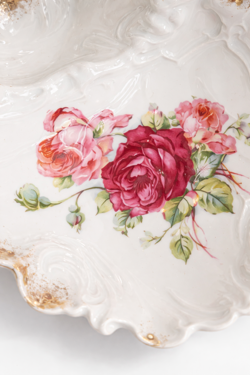 Antique-Inspired Rococo Rose Porcelain Plate with Gold Accents