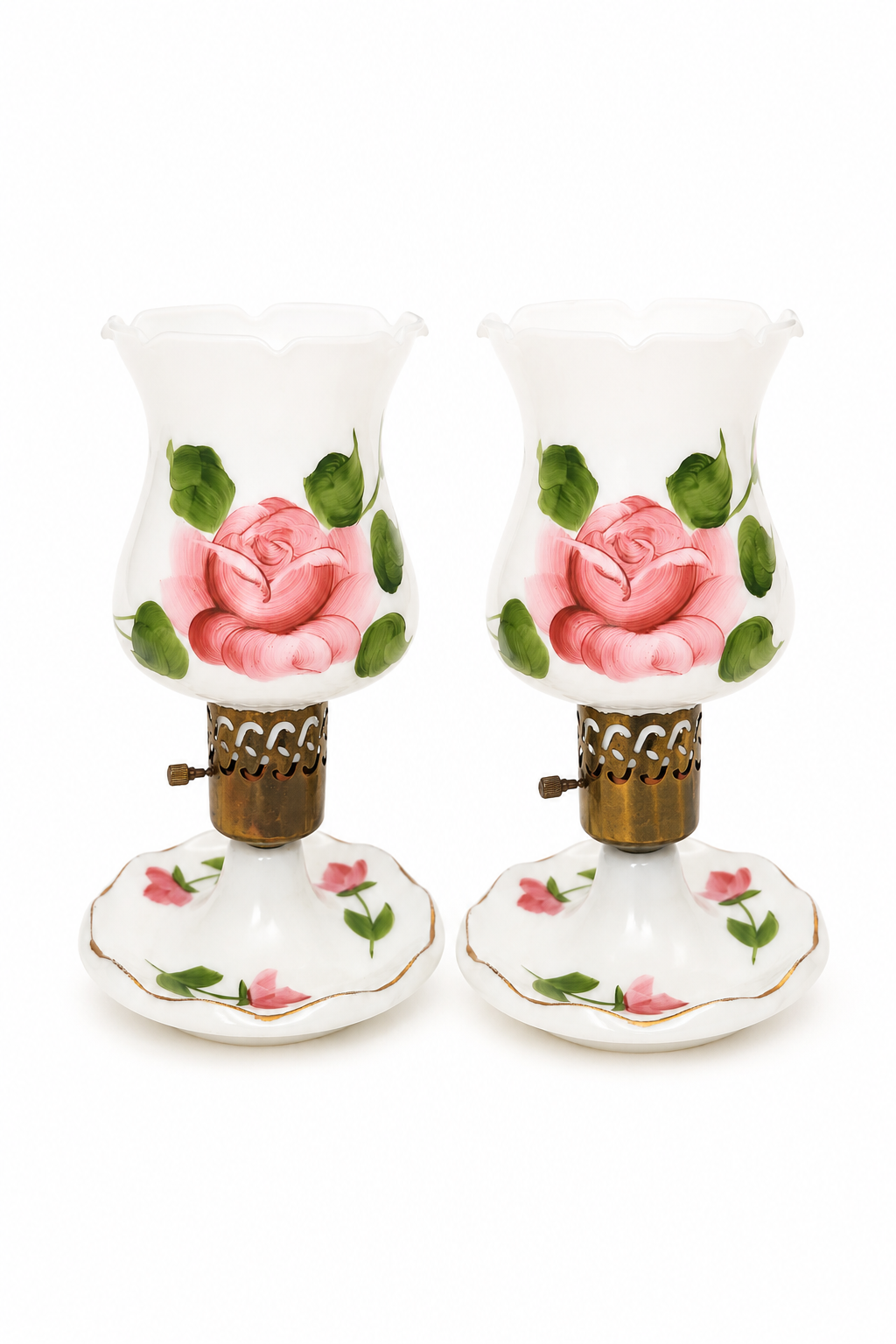 Vintage 1950s Hand Painted Rose Milk Glass Hurricane Lamps – Set of 2 | Cottagecore Floral Bedside Lamps