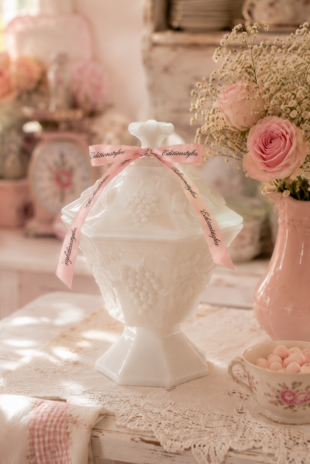 Vintage Milk Glass Covered Candy Dish | Grape Harvest Pedestal Compote