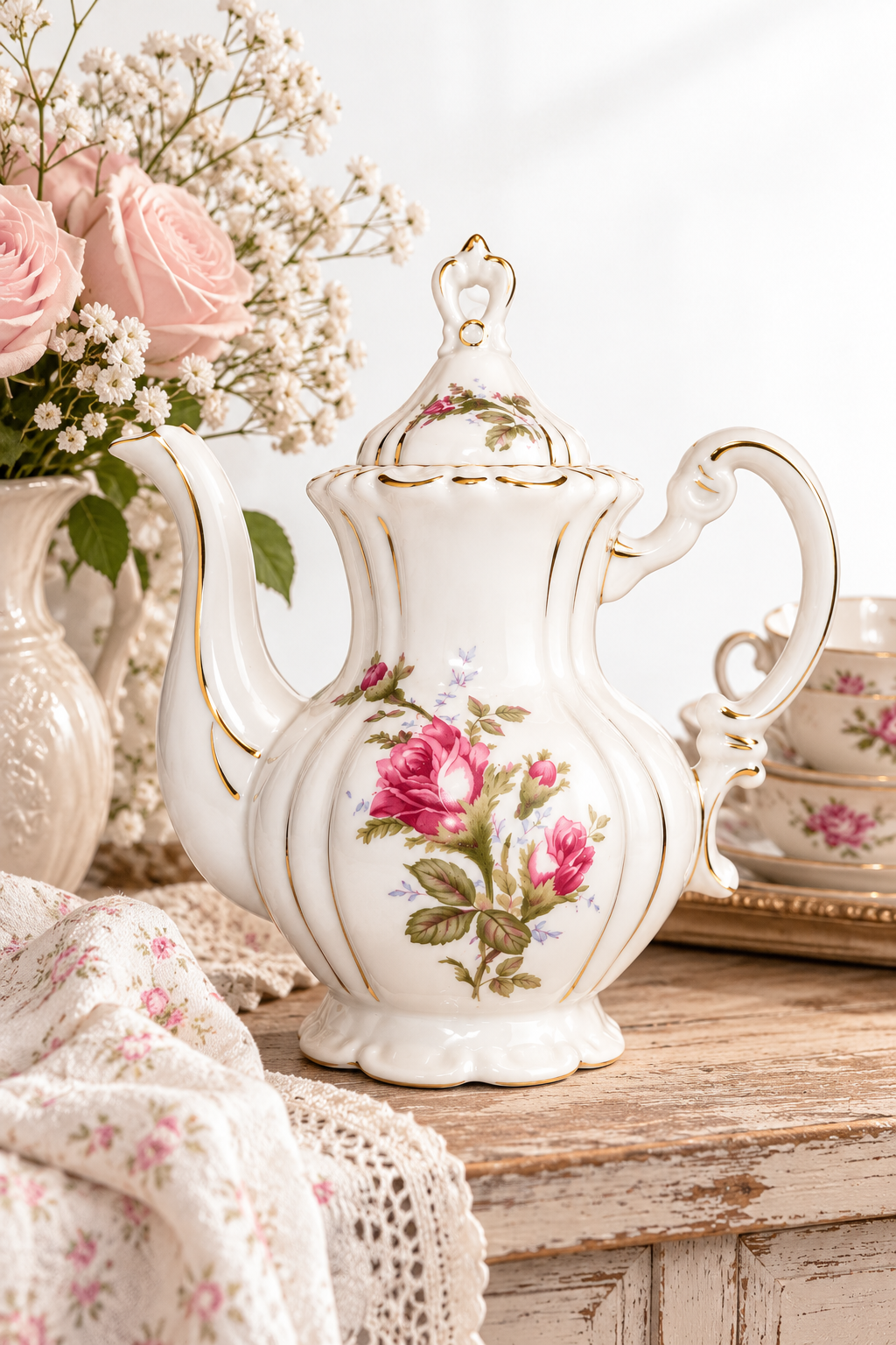 Vintage 1950s–1960s Pink Rose Floral Teapot | Gold Trim Porcelain Tea Pot with Lid