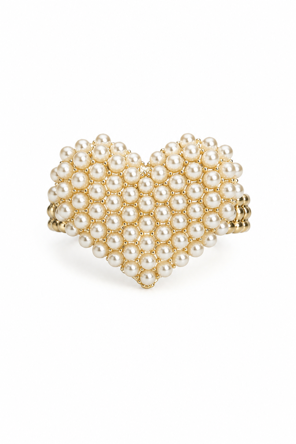 Vintage 1980s Faux Pearl Heart Cluster Statement Ring – Gold Tone Stretch Band