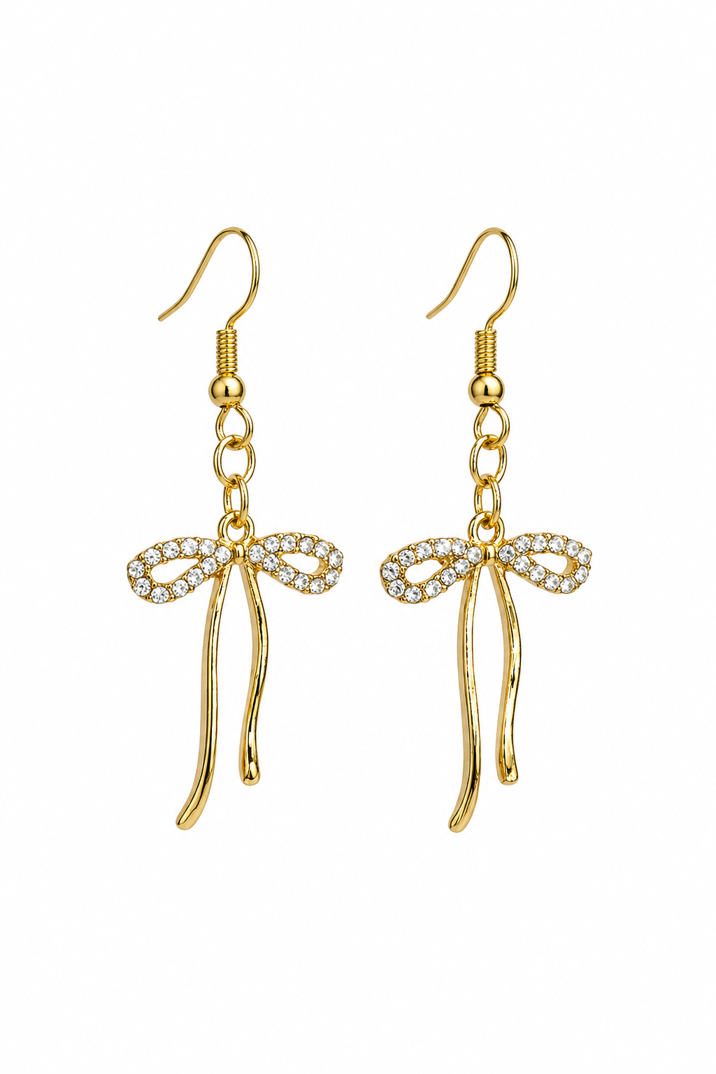Gold Tone Rhinestone Bow Drop Earrings | Dainty Ribbon Dangle Earrings