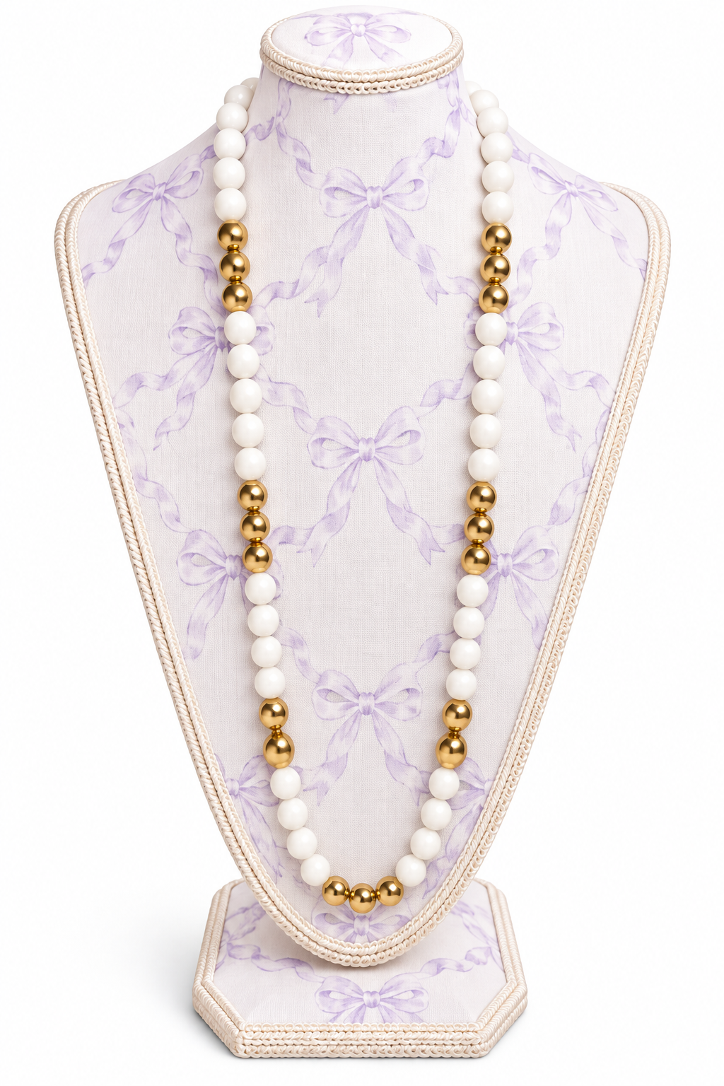 Vintage White & Gold-Tone Beaded Long Necklace | 24” Elegant Retro Statement Jewelry