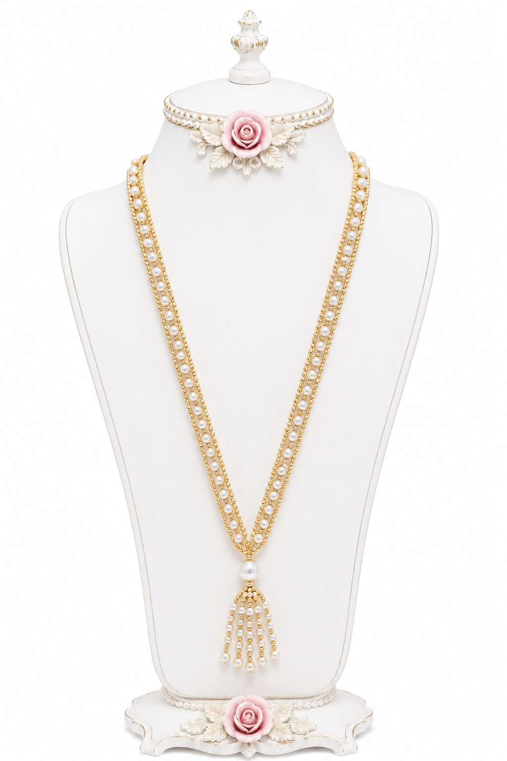 Vintage Gold-Tone & Faux Pearl Tassel Necklace | Long Statement Necklace | 36” Long