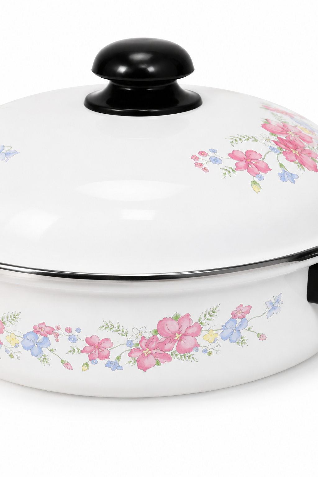 Vintage 1970s White Enamel Floral Covered Skillet | Cottagecore Enamel Pan with Lid | New Old Stock Kitchen Cookware