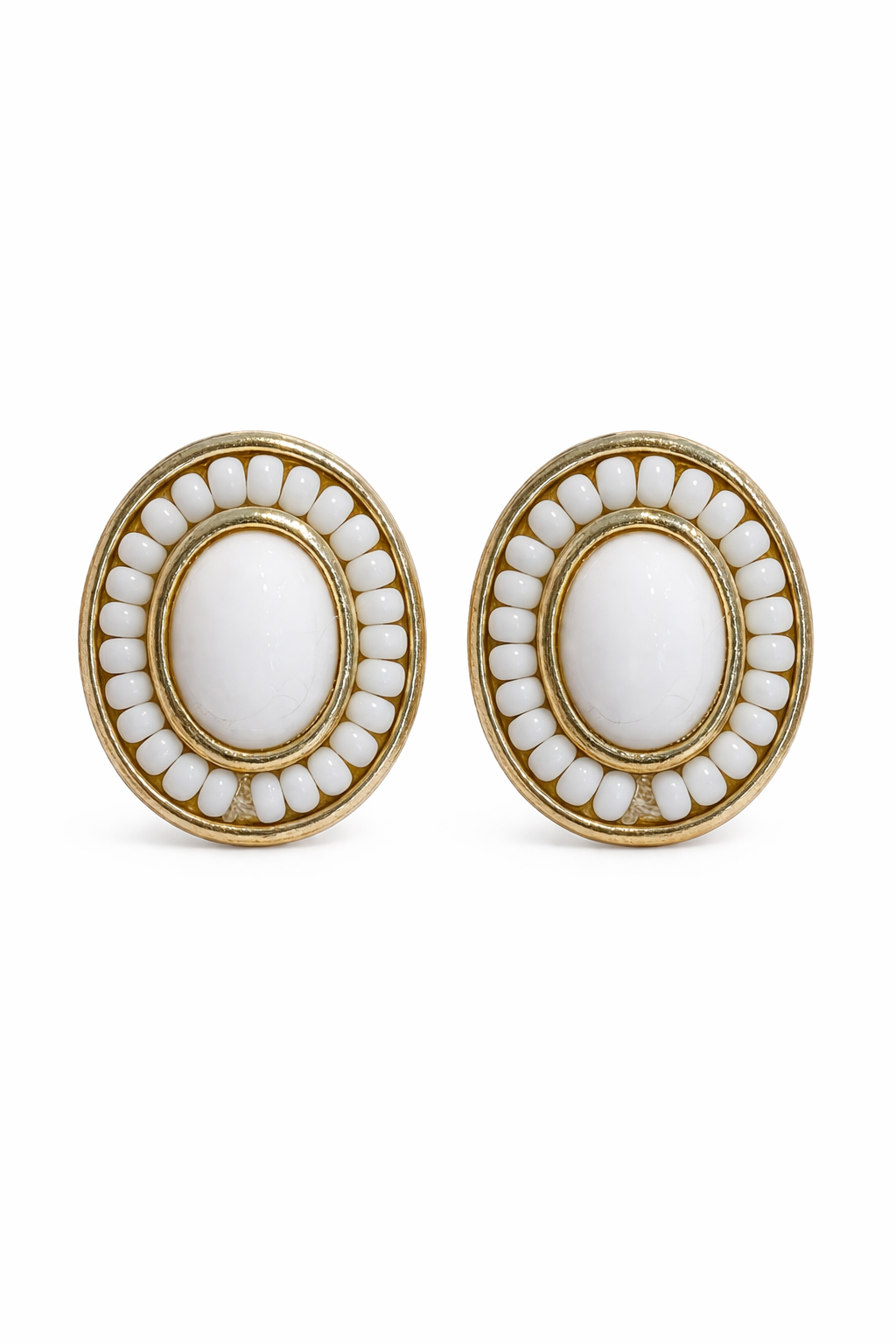 1980s Liz Claiborne White Cabochon Clip-On Earrings | Vintage Gold Tone Statement Earrings | Item