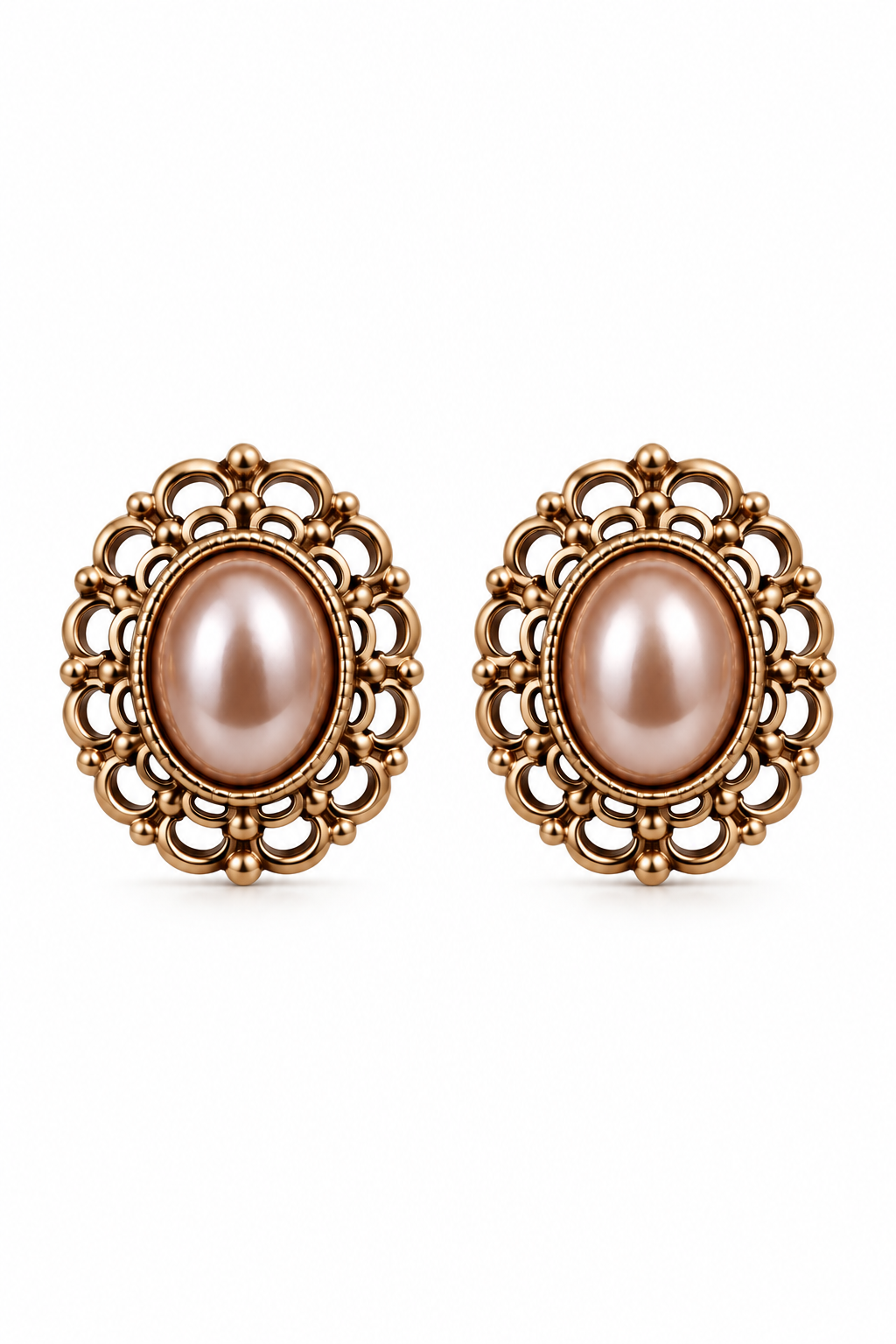 Vintage 1980s Rose Gold-Tone Faux Pearl Filigree Stud Earrings | Romantic Victorian-Inspired Jewelry
