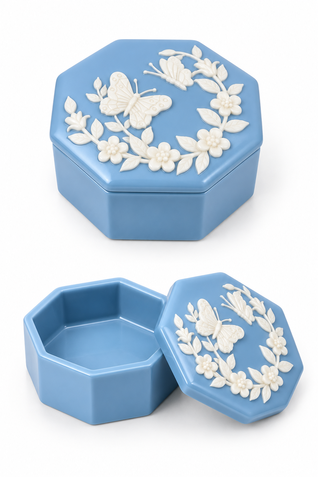 Vintage Blue Butterfly & Floral Trinket Box | Raised White Botanical Design