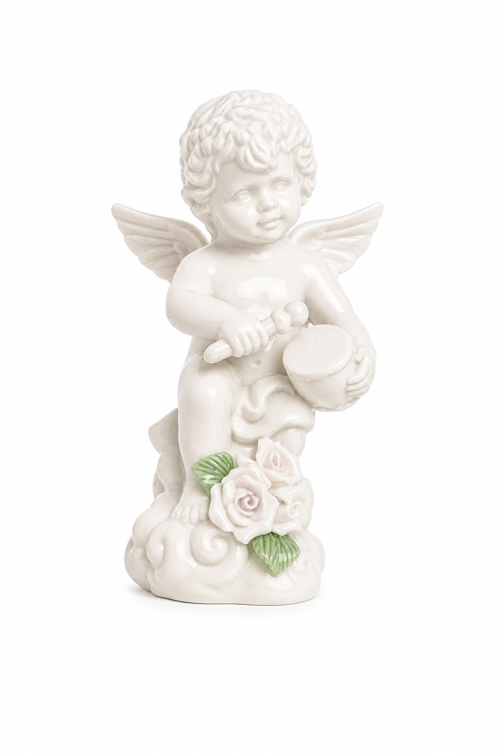 Vintage 1980s White Bisque Porcelain Cherub Figurine | Angel Playing Drum | Rose Floral Accent