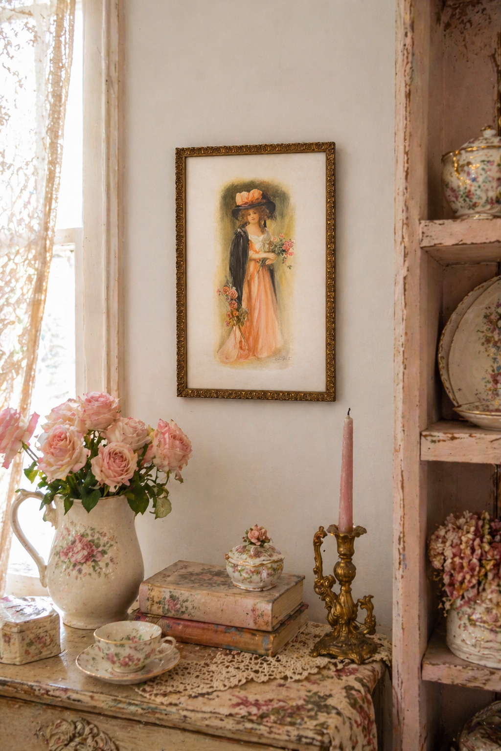Vintage Framed Harrison Fisher Style Lady Portrait Print | Gold Ornate Frame Romantic Wall Art | Circa 1940s–1970s
